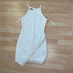 White Homecoming Dress Asymmetrical Cut with Silver Detail Size Medium Juniors